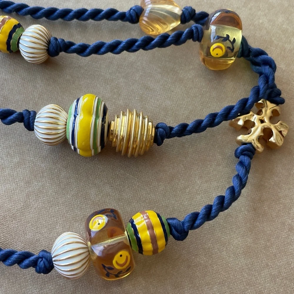 Tory Burch Long Beaded Necklace Silk Cord Gold Beads Statement Layering Necklace